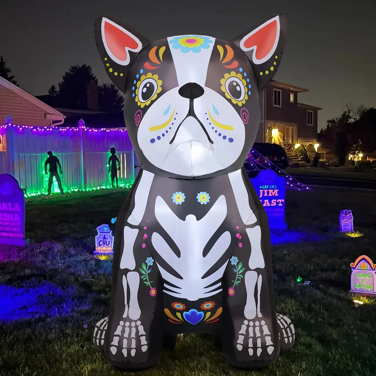 5 FT Halloween Inflatable Dog LED Lights Hot Selling Skeleton Bulldog Blow up Outdoor Halloween Decorations Factory Price