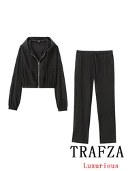 TRAFZA Vintage Black Solid Women Suit O-Neck Long Sleeve Zipper Top Loose Straight Drawstring Pants Fashion 2024 Summer Suits