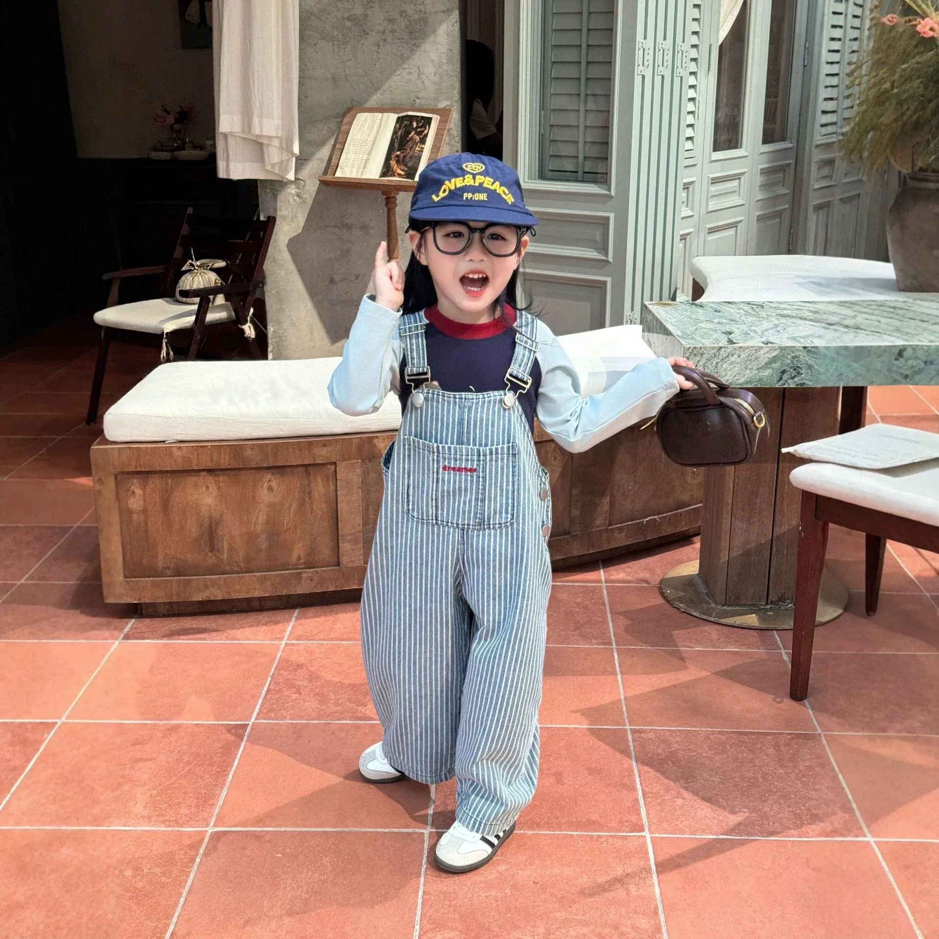 2026 Kids Fall Overalls Korean Girls Blue Striped Denim Sand Washed Cargo Overalls 2026 New Fashionable