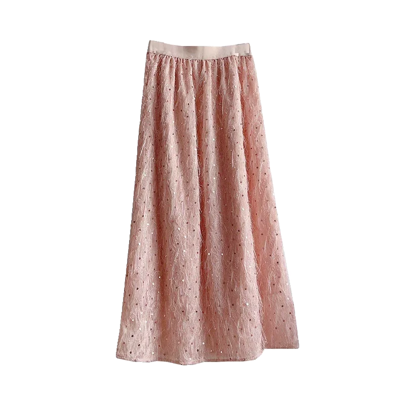 2024 Spring New Korean Women's Solid Color Sequins Fashion Sweet Versatile Elegant Elastic High Waist A-line Mid Length Skirt