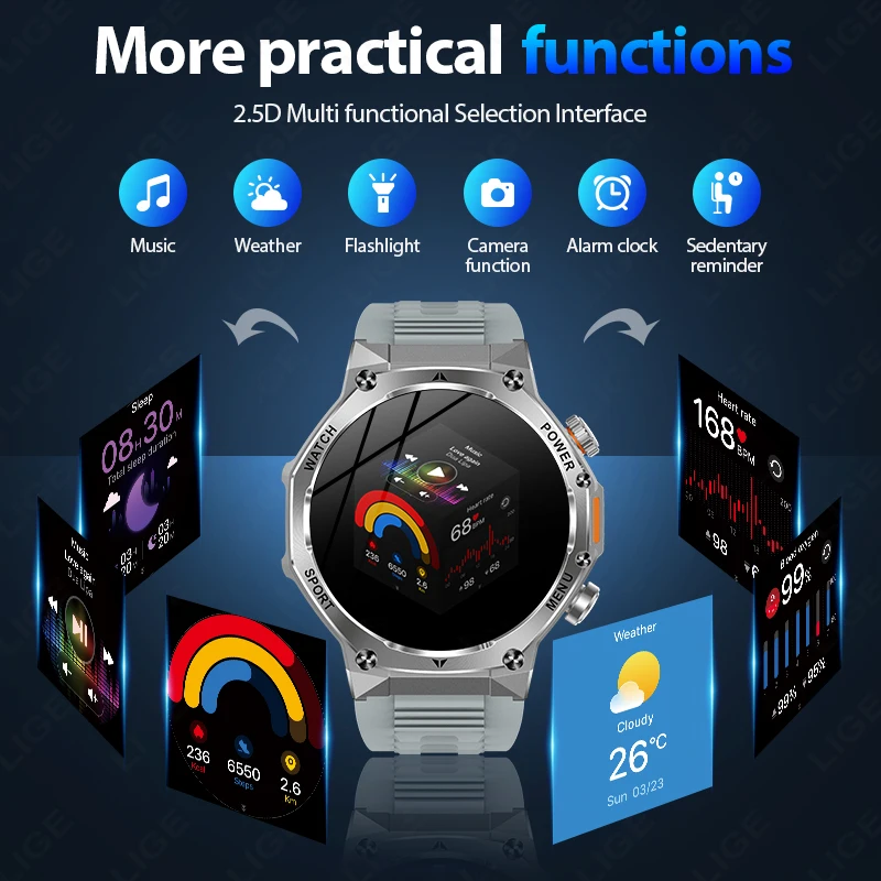 ساعة ذكية LIGE مزودة بمصباح يدوي مقاس 1.9 بوصة للرجال، ساعة رياضية خارجية، بطارية كبيرة 700 مللي أمبير، ساعة ذكية مزودة ببلوتوث وإضاءة LED