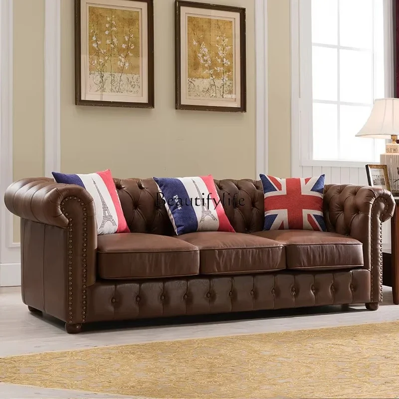 

ls 04American leather sofa European solid wood retro classic furniture combination light luxury first layer cowhide