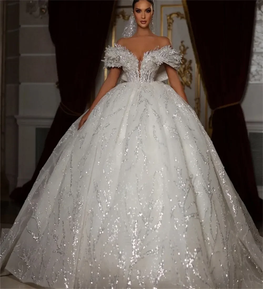 Customized Gorgeous Ball Gown Wedding Dresses Beaded Crystal Sequined Off-Shoulder Sleeveless Illusion Lace Up Bridal Gowns