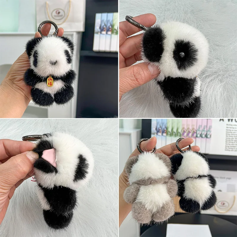 Bonito pequeno Panda Plush Pingente Chaveiro, Cabelo vison, Bolsa Pingente, Brinquedo High End, Jóias Interior do carro, Presente Cadeia Carteira