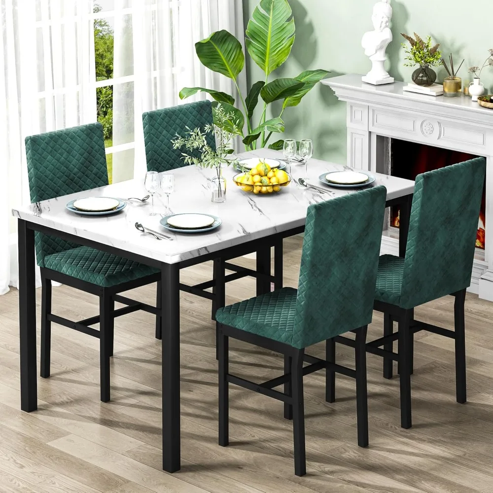 

Dining Table and Chairs Set of 4, Faux Marble Dinner Table with 4 Upholstered Velvet Chairs, Kitchen Dining Room (White