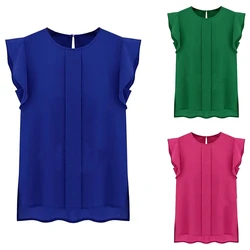 Summer Women Blouse Candy Color Chiffon Round Collar Short Ruffle Sleeve Loose Tops