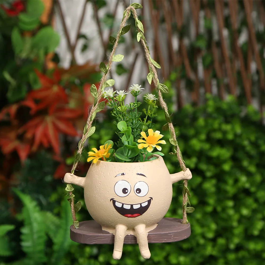 Lovely Swing Face Planter Pot Cute Smiling Face Resin Flower Pot Swing Succulent Flower Planter Home Garden Flower Container