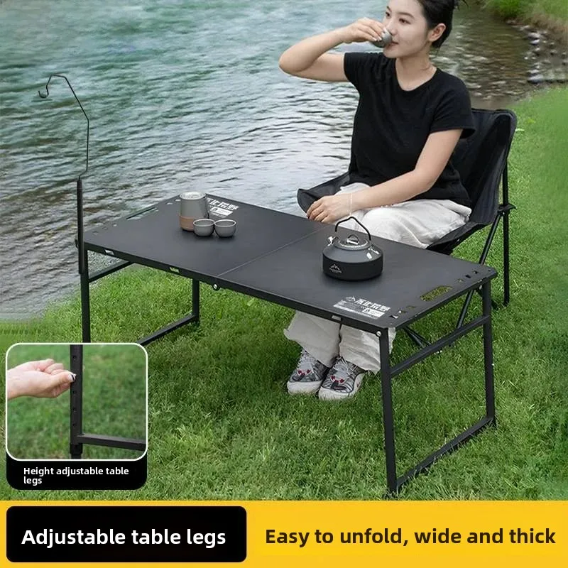 Outdoor Hydraulic Folding Table Four Pole Camping Table with Pull Rod Portable Small Tea Table Half Automatic Height Adjustment