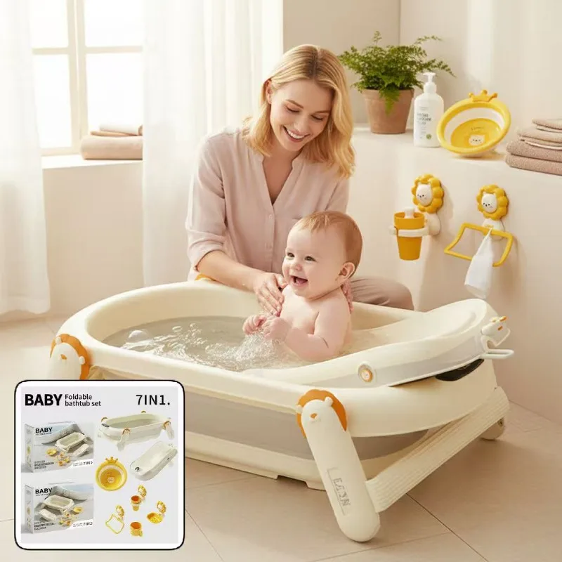

7-in-1 Complete Baby Bathing Kit with Built-in Thermometer: Newborn Bathtub, Ergonomic Wash Basin & Safe Bath Essentials Set