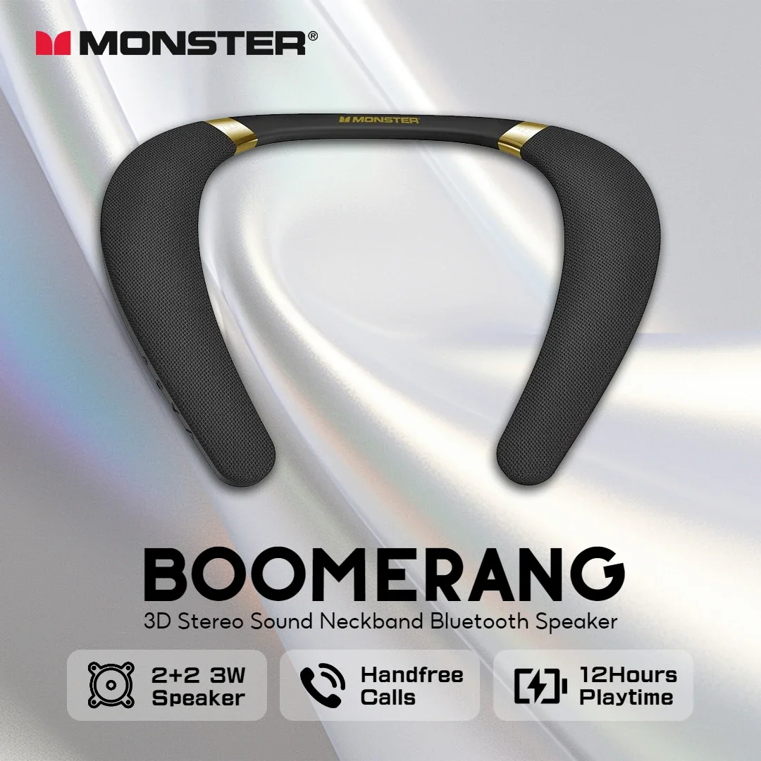 New Monster Boomerang Neck Band Bluetooth Speaker 3D Stereo Sound Neckband Speaker IPX7 Waterproof Wireless Wearable Speaker