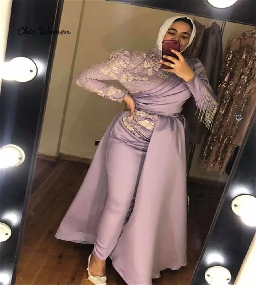 Saudi Arabic Muslim Evening Dress With Lace Long Sleeve Overskirt Abaya Prom Dresses Moroccan Formal Customized Party Gowns