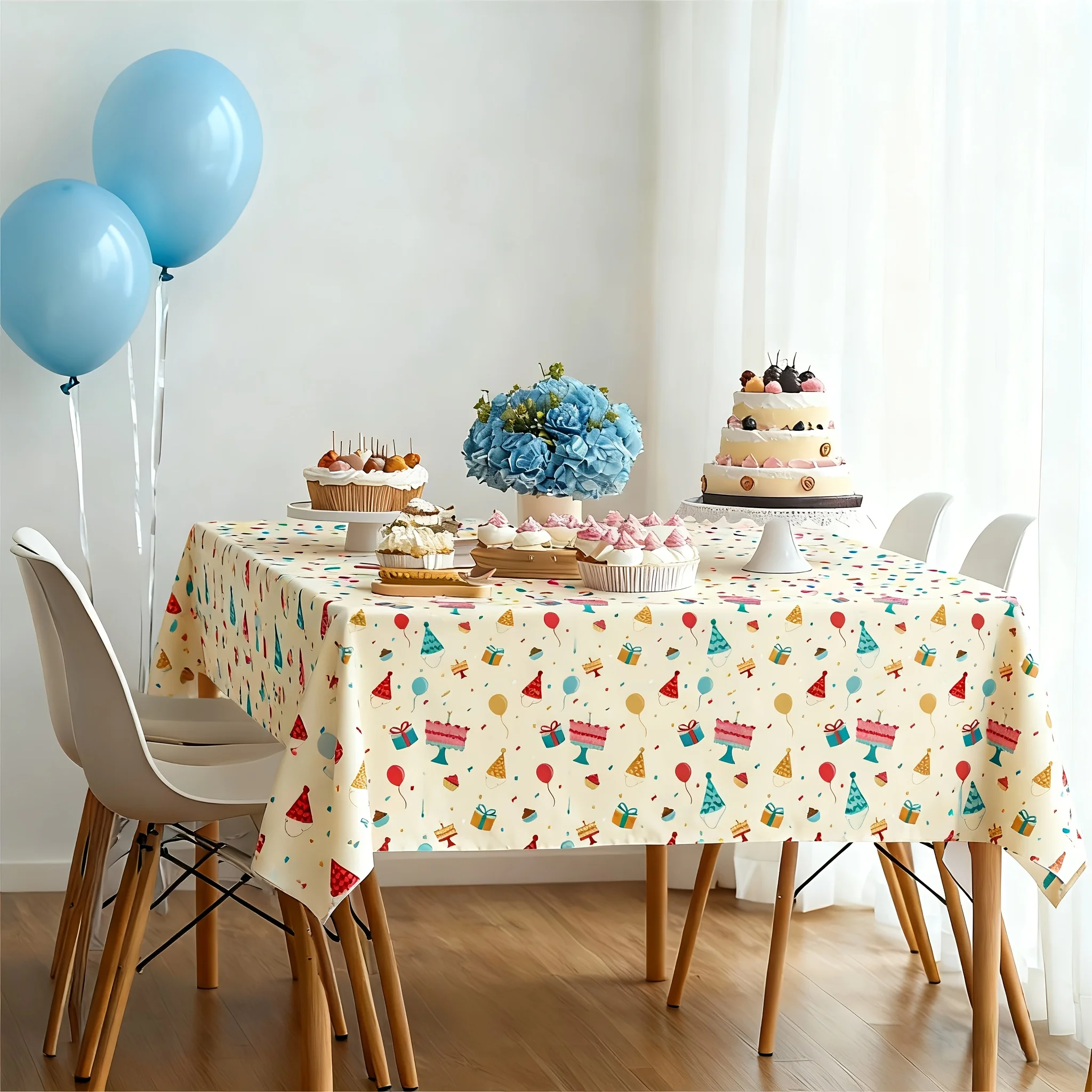 Birthday theme tablecloth, with hats, balloons, gift boxes, cake, birthday table decorations. Yzb