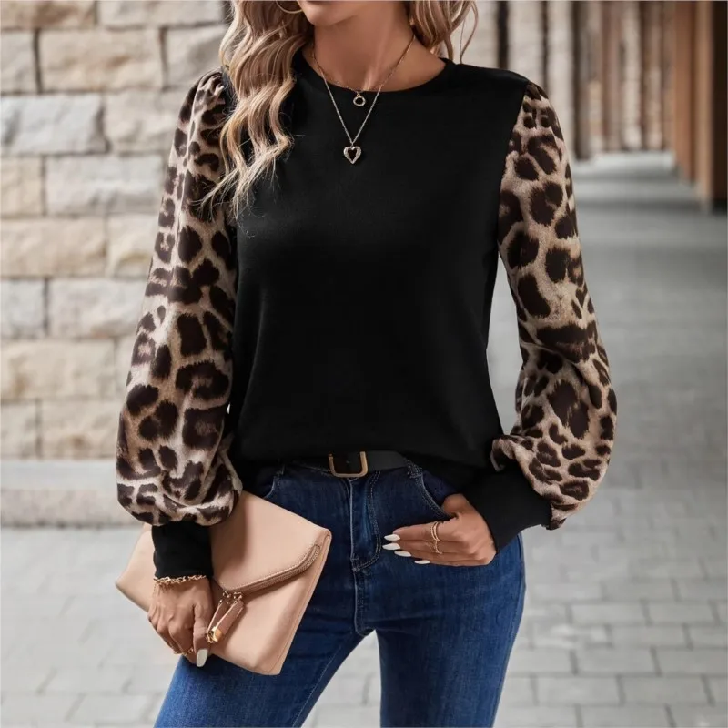 

Leopard Print Patchwork Women's T-shirt Top For Autumn Winter New Long Sleeved Leisure Round Neck Pullover Top Ropa Mujer