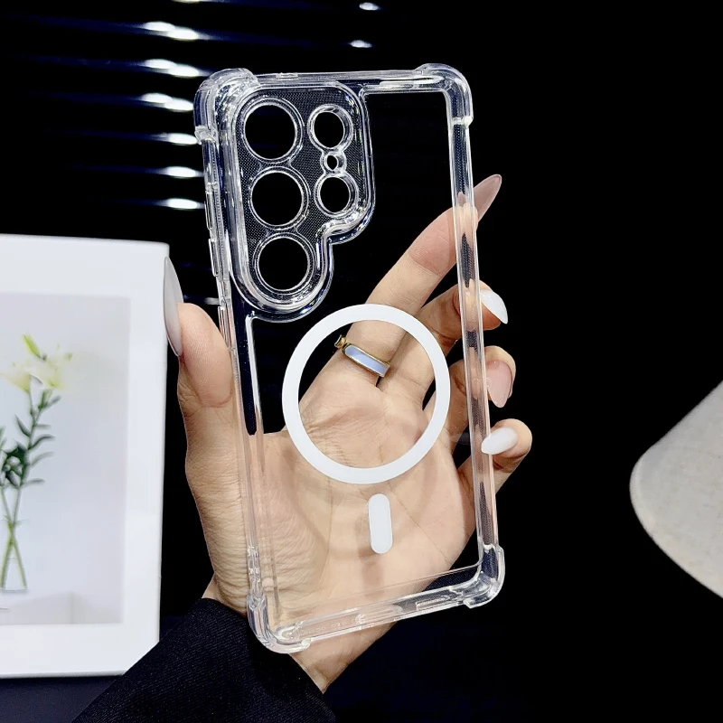 Für Magsafe Magnetische Vier-Ecken-Stoßfeste HD Transparente Hülle Für Samsung S26 S24 S23 S22 S21 S20 S25 Note 10 20 Ultra Plus FE