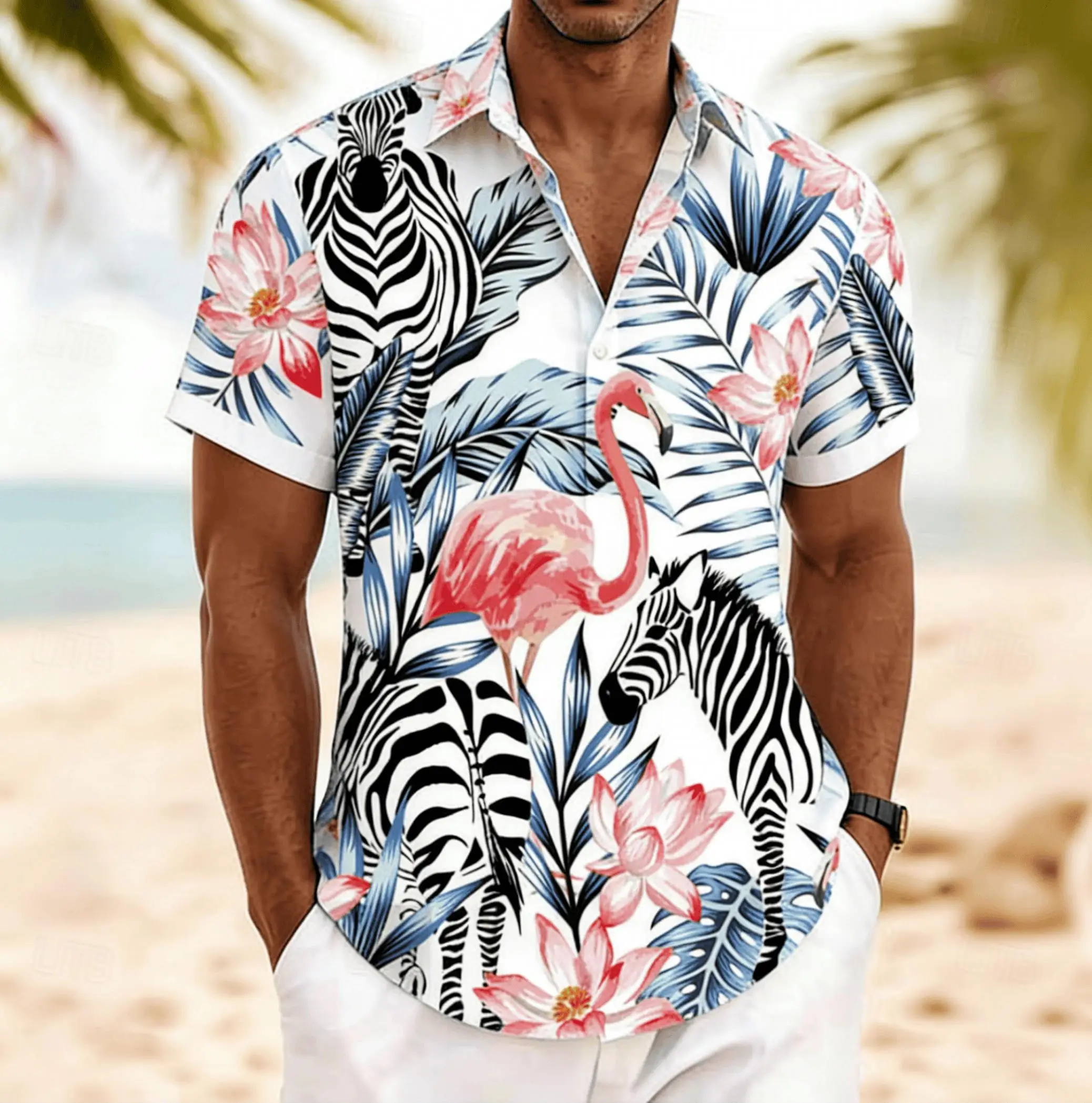 

Men's Zebra Flamingo Tropical Floral Print Short Sleeve Shirt, Spring Summer Edgy Hawaiian Vacation Blouse, Loose Casual Top