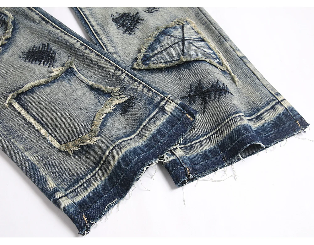 Herren Boot-Cut-Jeans Streetwear mit Patches, freigelegtem Saum, Vintage-Blau, Stickerei, Patchwork, ausgestellte Hose – Detail 11