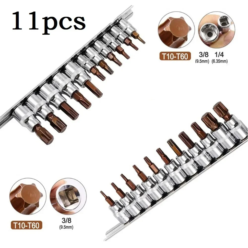 11Pcs Drive Socket Set Torx Screwdriver Bits 3/8 1/4inch Wrench Socket Adapter T15 T20 T25 T27 T30 T40 T45 T50 T55 T60