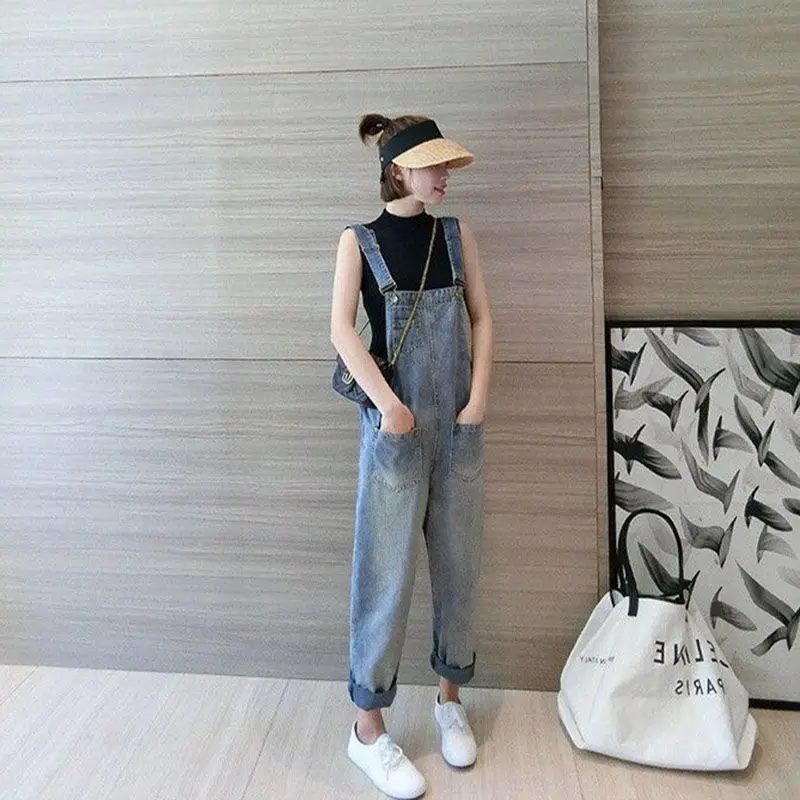 

Anti-Aging High Waist Denim Overalls Women's Spring Autumn Loose Korean Sle Student Bib Overalls Slim Straight Wide Leg Pants