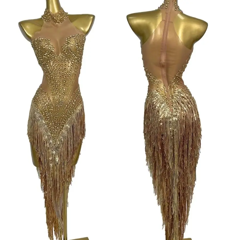 

Fashion Show Sparkly Rhinestone Sexy Dresses Tassel Asymmetrical Mini Dress Carnival Party gig Outfit Latin Dance Wear Shanbei