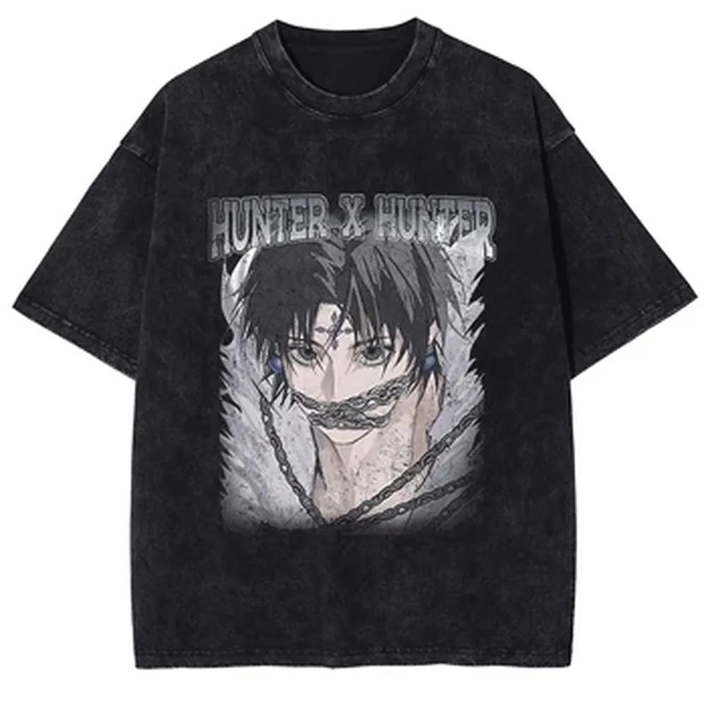 HUNTER×HUNTER Manga Graphic T-shirt Chrollo Lucilfer Print Washed Oversized T Shirt Men Women Clothing Cotton Short Sleeve Tees