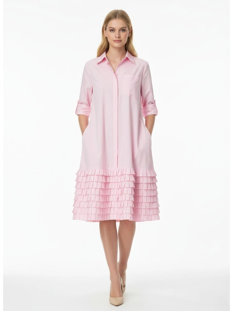 เดรสสีชมพูสุดเก๋สำหรับผู้หญิง ปี 2025 จาก Onecozyday คอเสื้อเชิ้ต แขนยาว ติดกระดุม ความยาวปานกลาง ทรงมีเลเยอร์ จับจีบ สไตล์ลำลอง