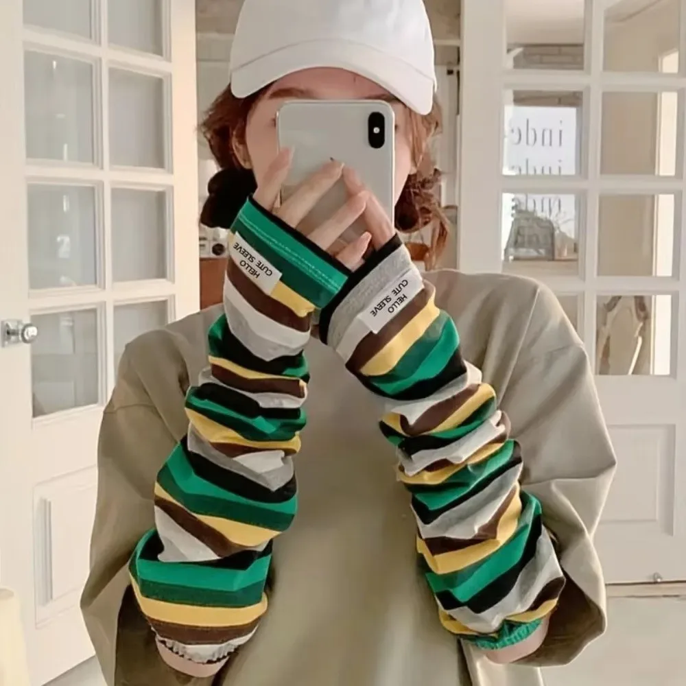 Y2k Color Strip Ice Arm Sleeve Long Loose Sunblock Sleeve Harajuku Stripe Anti-sunburn UV Protection Arm Gloves Women Girls