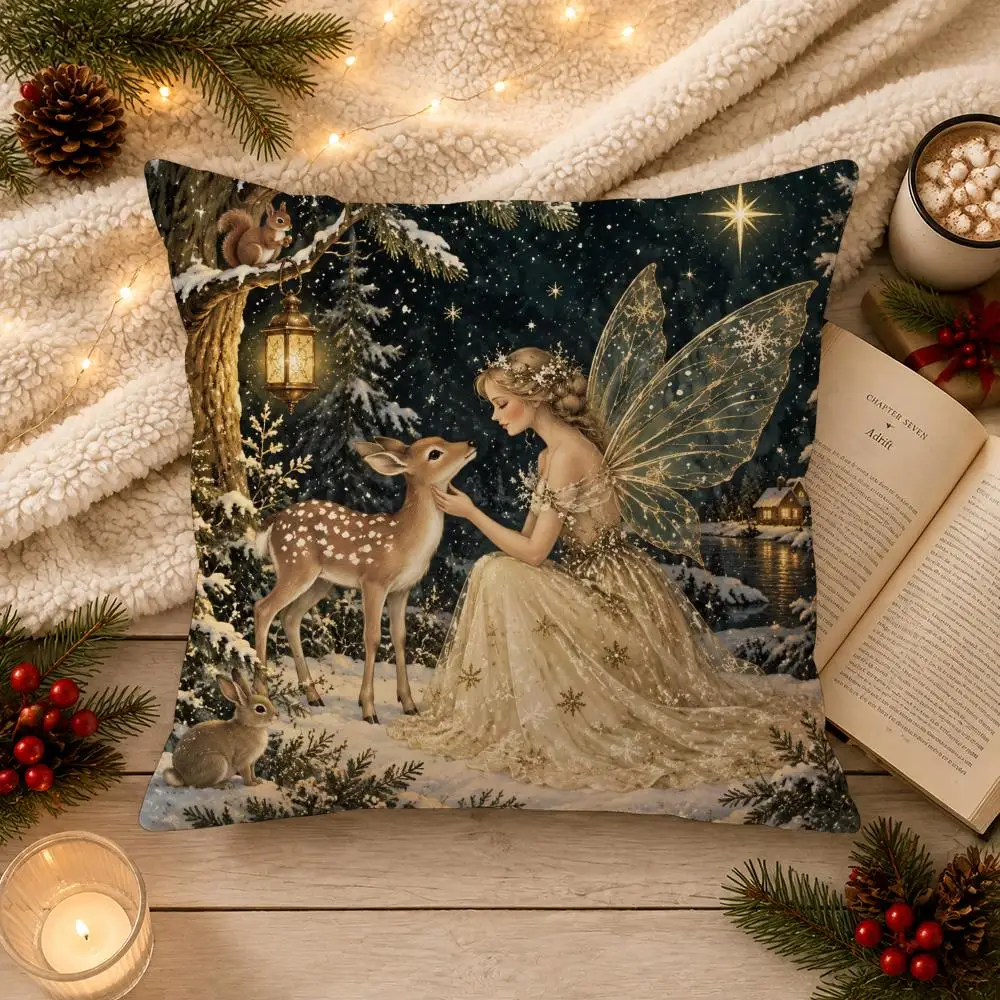 Female Christmas Elf and Reindeer Cushion Cover Christmas Plush Pillow Cover | Soft Cushion Case | Holiday Home Decor Gift