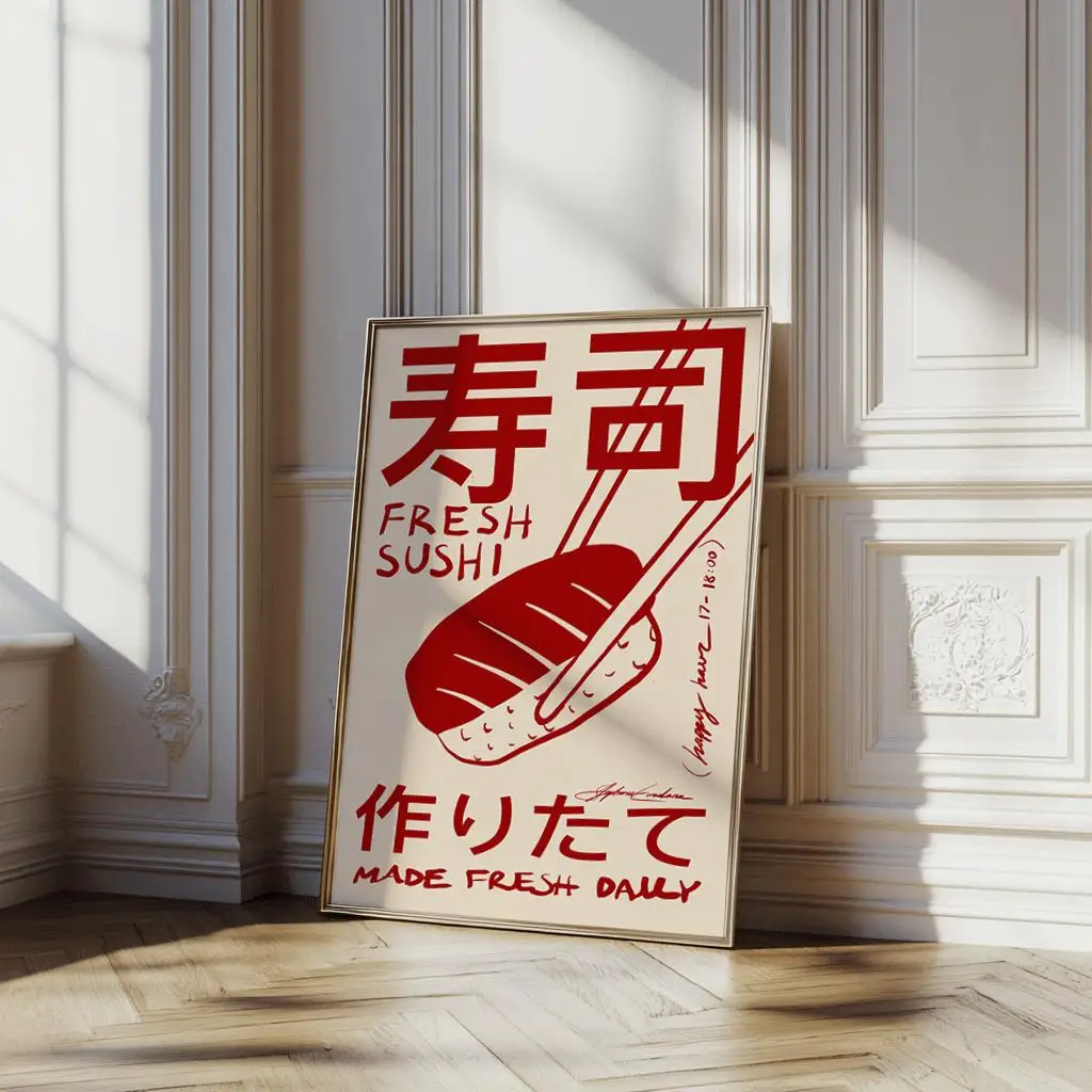 Póster de sushi japonés, arte de pared japonés, decoración de cocina, arte de pared retro, ilustración de comida asiática, arte de pared de cocina de moda