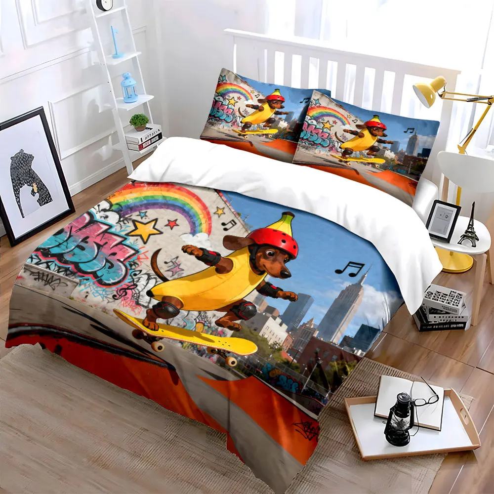 Dog Costume Skateboarding Set Bedding Set with 1 Duvet Cover 2 Pillowcases Single Double King Queen, Gift