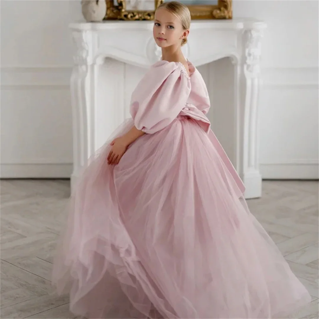 Communion Banquet Princess Flower Girl Dresses Dusty Pink Birthday Holy Gowns Pearls Neck With Bow Half Sleeve