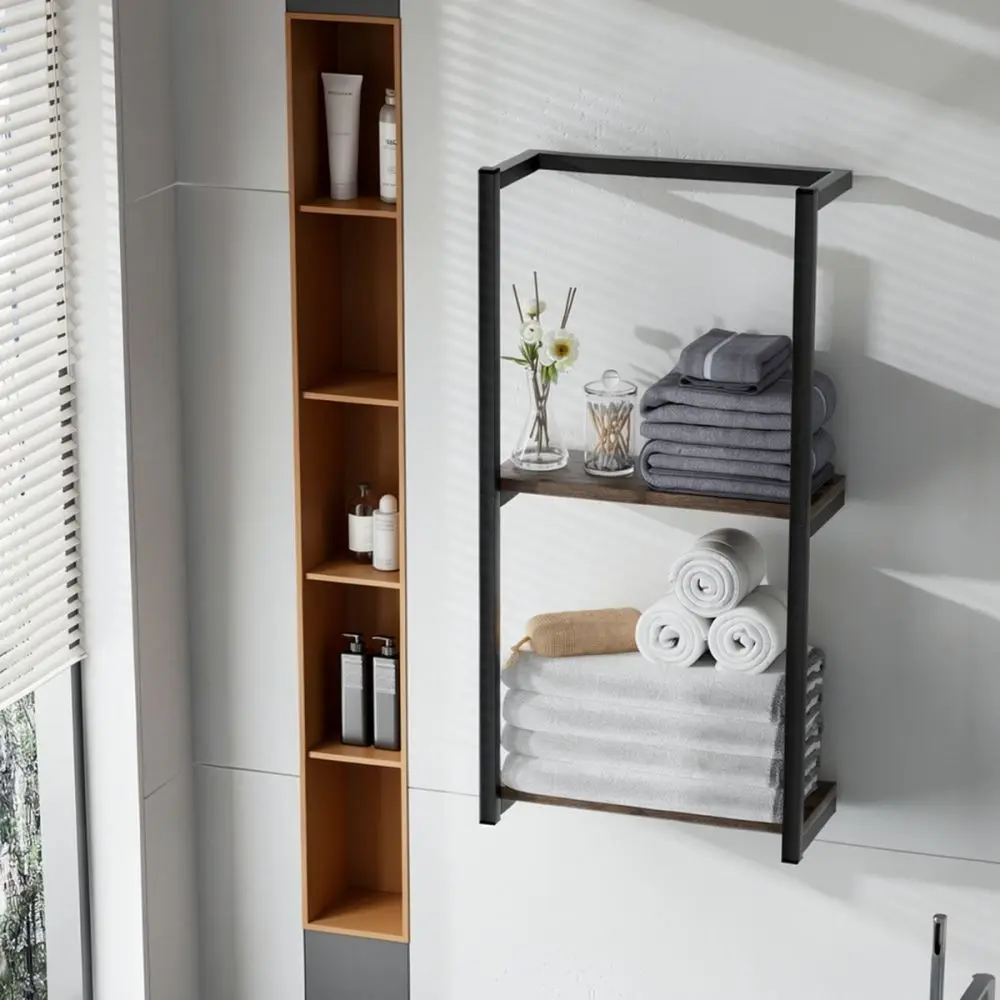 Solid Wood Bathroom Wall Mounted Shelf Double Layer Organizer Rack Toilet Towel Holder Home Space Saver Furniture