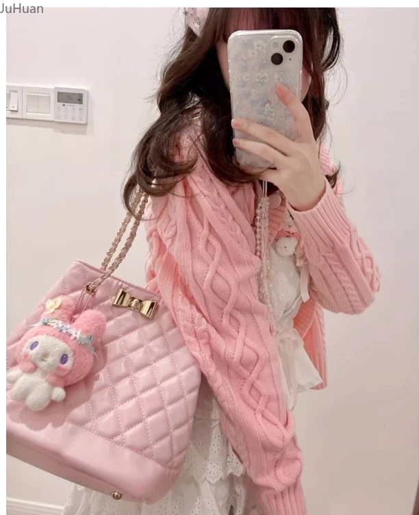 

Sweet Daily Versatile Fashion Rhombus Bucket Bags Female Elegant Lolita Girl Bow Shoulder Bag Large Capacity Tote Bags for Women