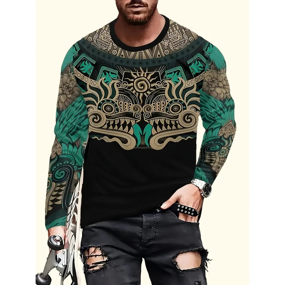 تي شيرت رجالي أنيق ثلاثي الأبعاد مطبوع عليه تنين بأكمام طويلة تي شيرت بوليستر طفيف قابل للتمدد برقبة دائرية نمط غير رسمي ملابس شارع Y2K كبيرة الحجم #1