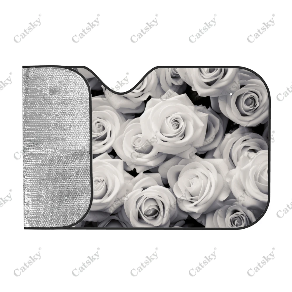 White Rose Flowers Car Windshield Sunshade, Front Auto Car Windshield Sun Shade Blocks Uv Rays Sun Visor Protector