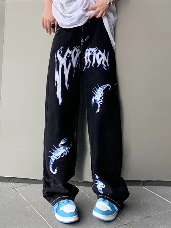 American Vintage High Waist Slim Black Jeans Women Autumn Washed Old Printed Straight Pants Hot Girl Streetwear Wide-leg Pants