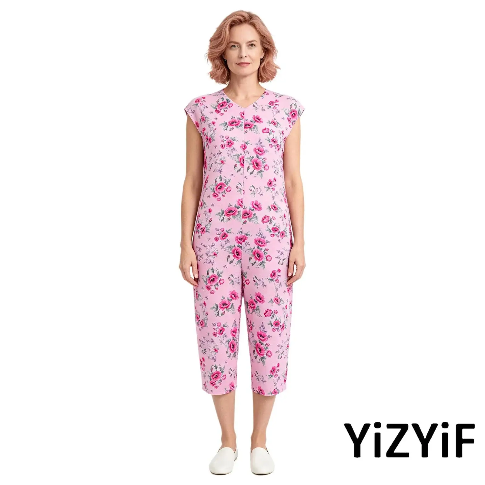 Mono con cremallera trasera estampado para mujer, pijama sin mangas con cuello en V para necesidades especiales, ropa para residencias de ancianos y hospitales