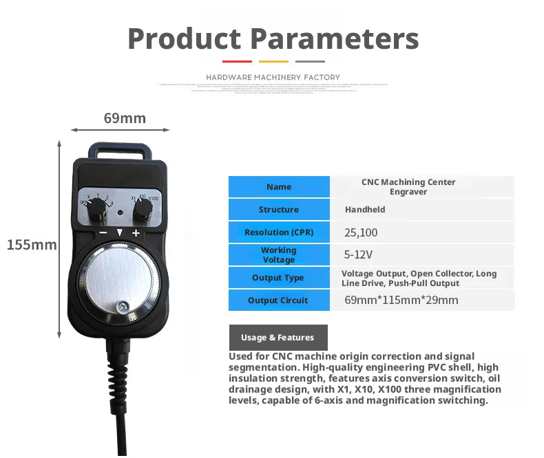 Universal Manual Jog Pendant for CNC Machines – IP54 Rated, Spiral Cable, Stainless Steel Dial, Multi-Axis Selection