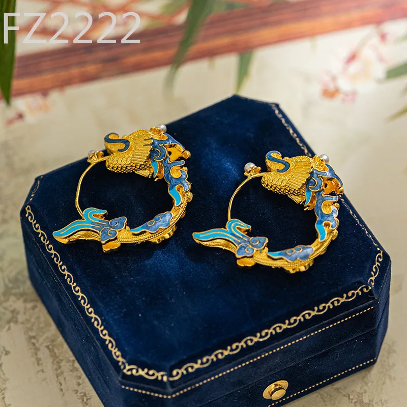 Personalized national trend with new filigree silk burnt blue antique dragon pearl earrings brooch