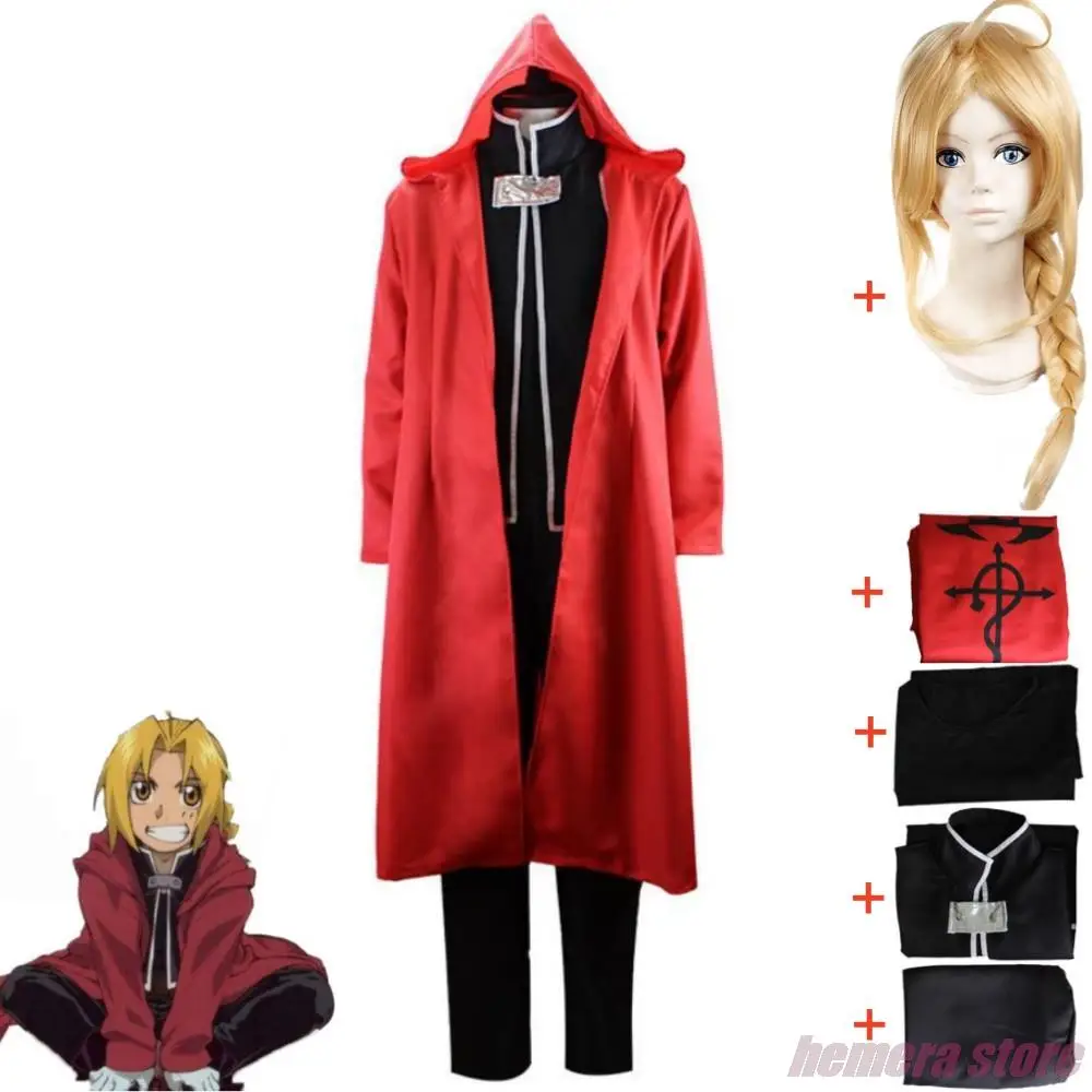 Anime Fullmetal Alchemist Edward Elric Edowādo Erurikku Cosplay Costume Wig Red Uniform Halloween Carnival Party Role Play Suit