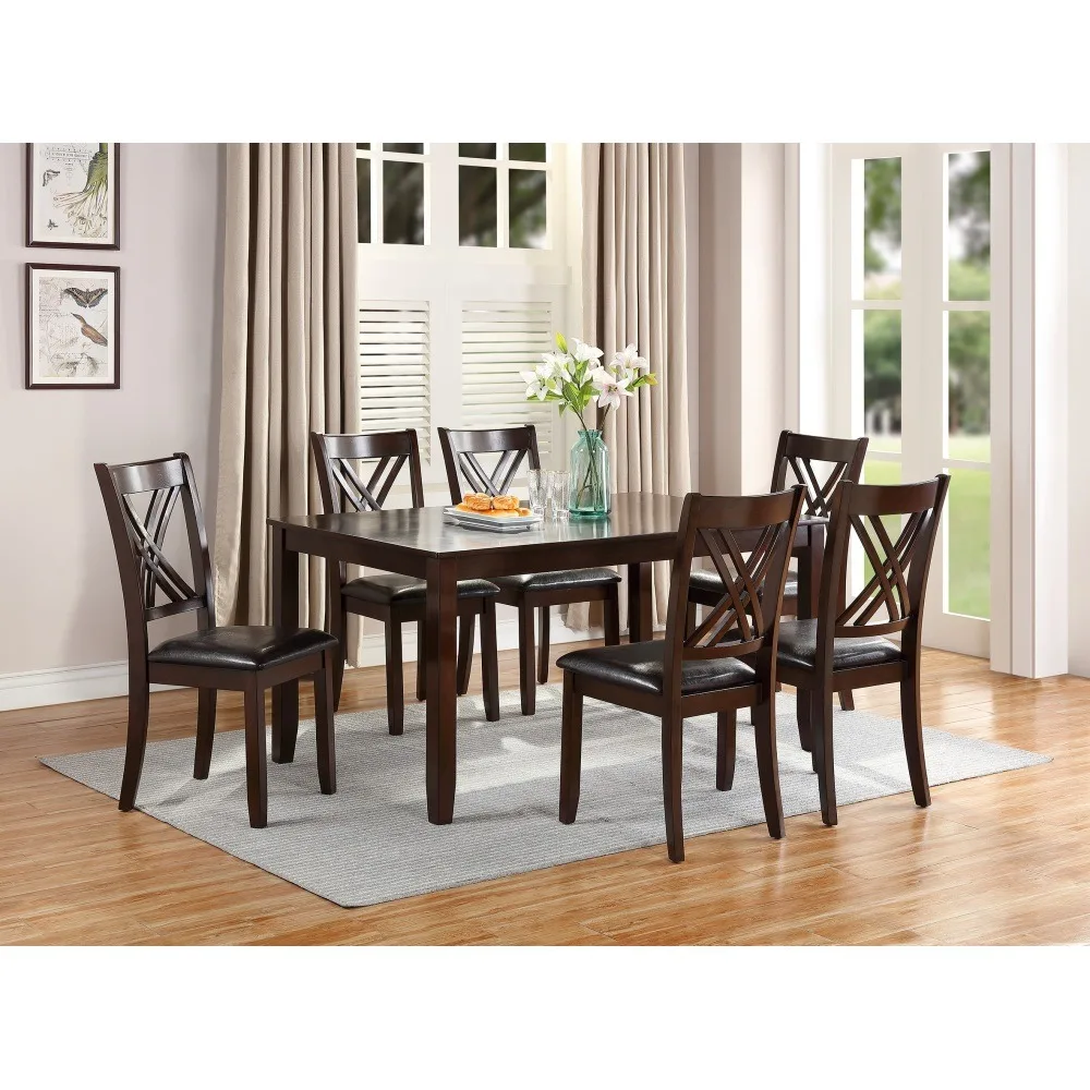 7pcs Dining Set Dining Table 6 Side Chairs Clean Espresso Finish Cushion Seats X Design back Chairs