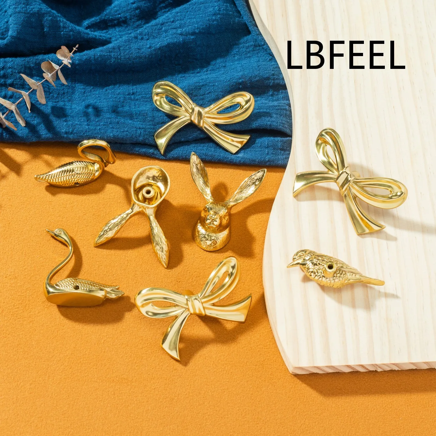 Elegant Furniture Handle Gold Closet Door Knobs Solid Brass Swan Bird Rabbit Animal Handles for Cabinet Bow Drawer Pulls LBFEEL