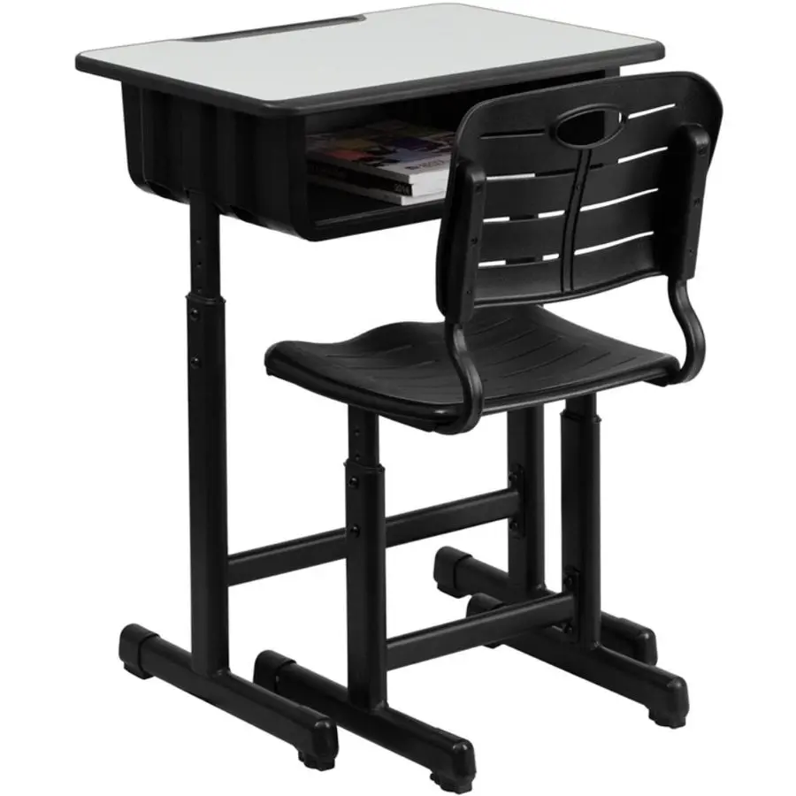 Conjunto de mesa e cadeira ajustável para estudantes para salas de aula ou aprendizagem remota, mesa escolar ajustável com cadeira e caixa de livros, cinza bl