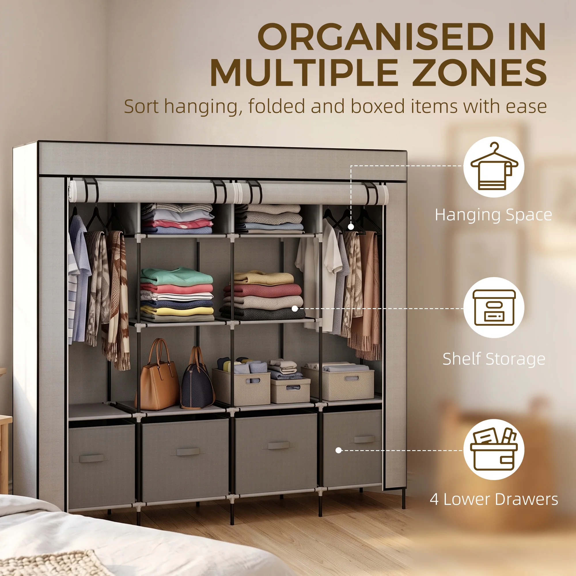 HOMCOM Fabric Wardrobe w/ 12 Shelves 2 Hanging Rails Foldable Closets