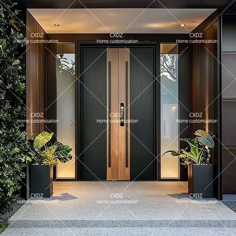 Modern Wood Grain Glass Villa Entrance Door Cast Aluminum Double Security Door for Rural Self Built House Main Entryway