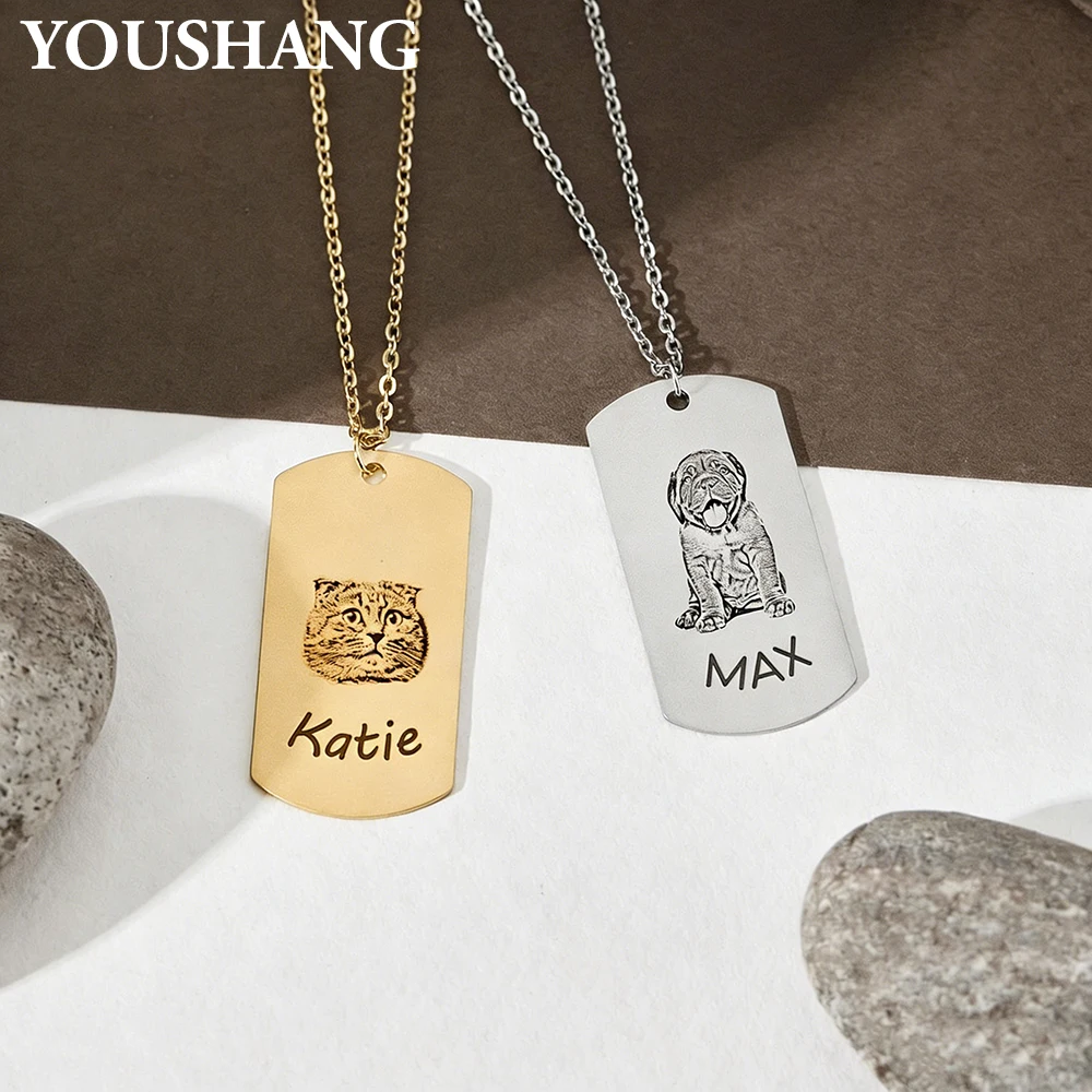 Custom Pet Laser Engraved Necklace Personalized Stainless Steel Dog Tag Pendant Tailor Pet Unisex Memorial Pet Jewelry