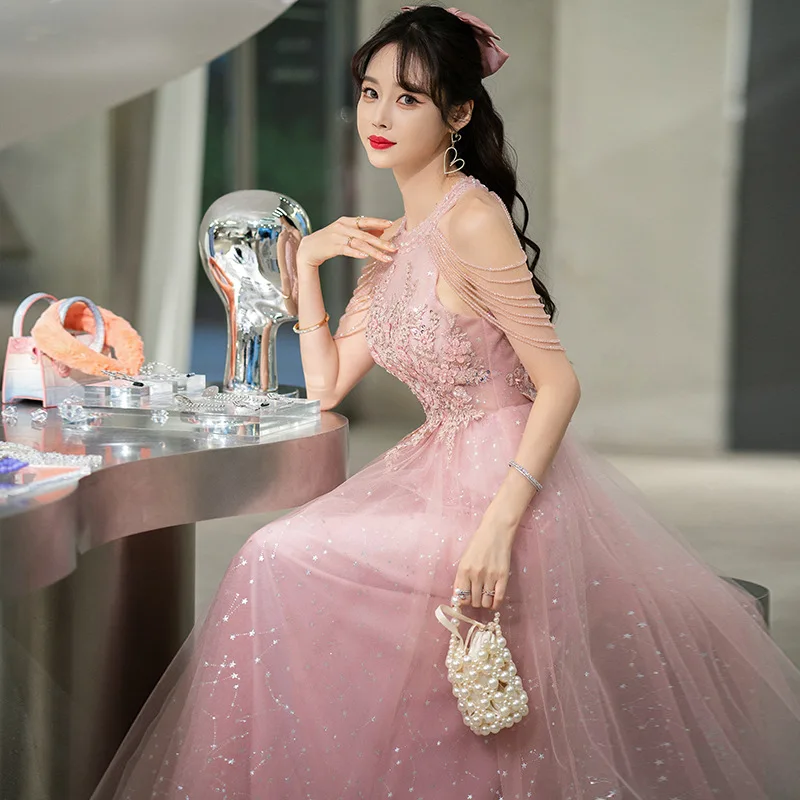 DSP personalizar elegante hasta el suelo vestidos de graduación con apliques de lujo rebordear vestido de fiesta de noche vestidos largos de cumpleaños