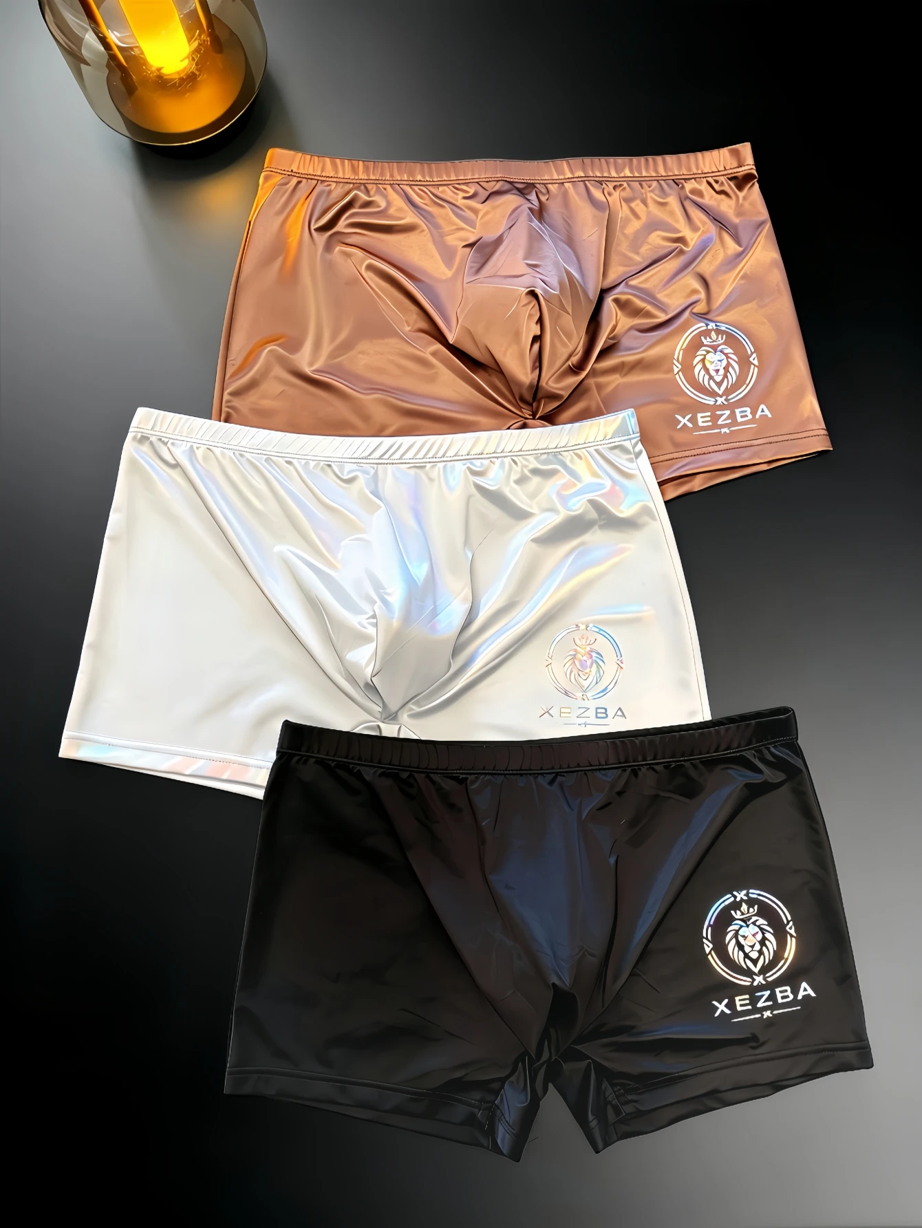 1-Piece Set of Men's Square Underwear, Laser 7-Color Logo, Reflective Satin Comfortable Fabric, Men's Square Underwear