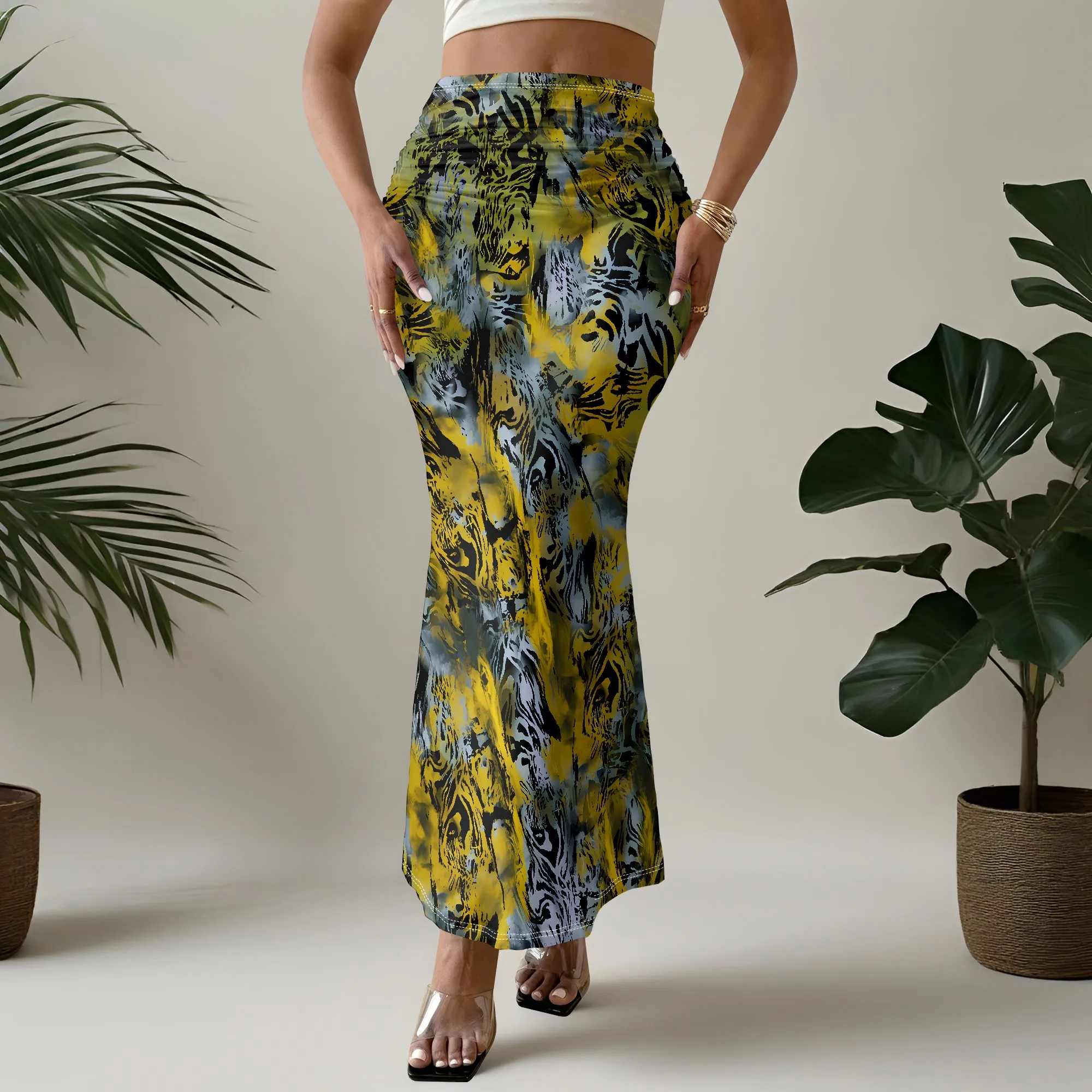 Tiger Print Skirt, Animal Pattern Bottoms, Abstract Beast Design, Yellow Black Fashion, High Waist Fishtail for Women, S-2XL