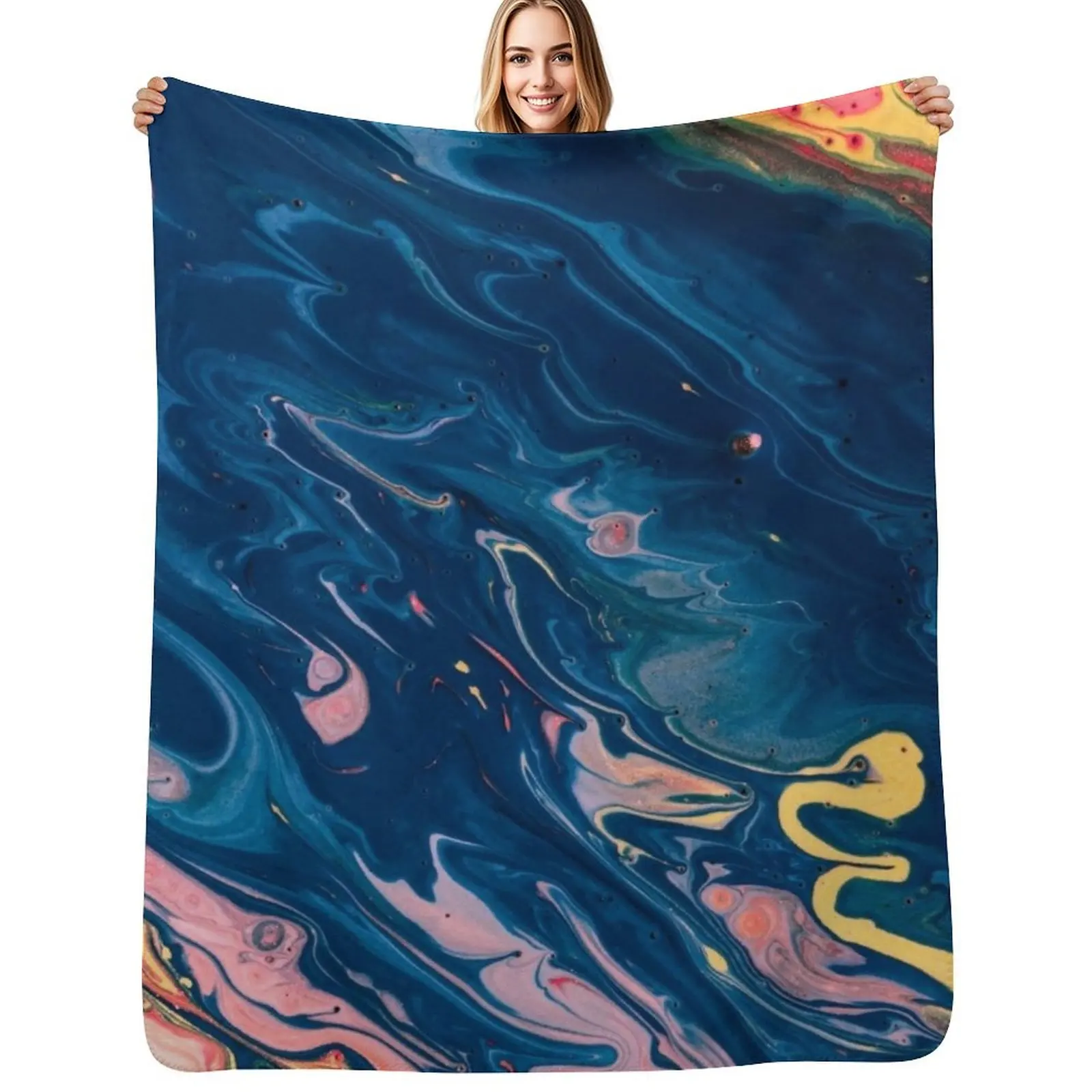 

Marble Swirls of Dark Blue Pink Red and Yellow Abstract Pattern Throw Blanket Furrys Personalized Gift halloween Nap Blankets