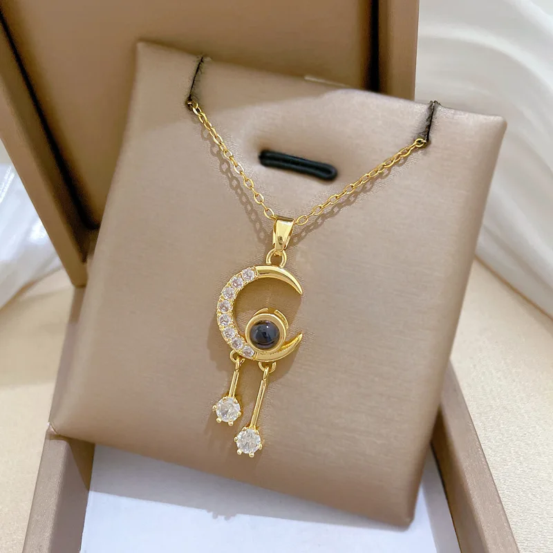Stainless Steel Chain Necklace for Women 100 Languages I Love You Projection Zircon Moon Tassel Charm Jewelry Gifts for Lover